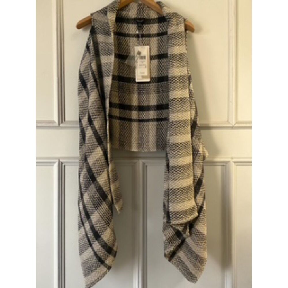 Eileen Fisher NWT Alpaca Cotton Charcoal Plaid Draped Open Front Vest XXS/XS
